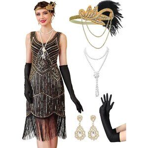 1920s Flapper Dress Sheer Beaded Sleeves Beaded Fringe for Roaring 20s Events